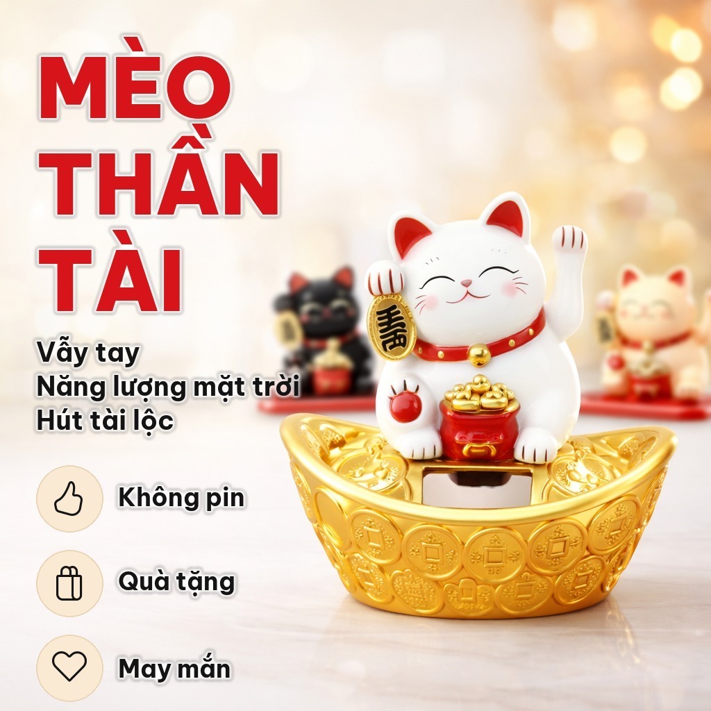 Mèo Thần Tài Vẫy Tay Năng Lượng Mặt Trời, Mèo May Mắn Bằng Nhựa Cứng Trang Trí Phòng Khách, Quà Tặng