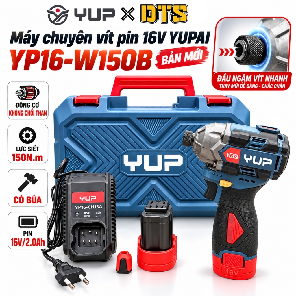 Máy siết vít pin 16V YUPAI YP16-W150B bản ngậm vít nhanh – Lực siết 150N.m, có búa, chuyên lắp đặt nội thất cơ khí