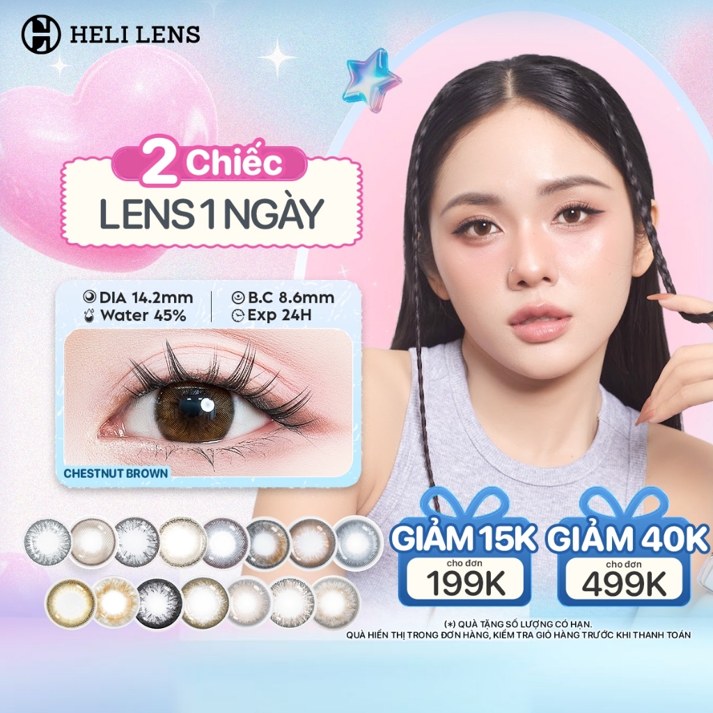 [1 Cặp] Kính Áp Tròng Heli Lens 1 Ngày 12 Màu Trendy Độ Cận 0 Độ Chất Liệu Mềm Dẻo