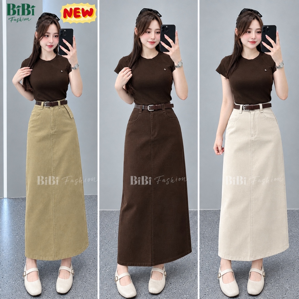 (Tặng đai) Chân váy Kaki Nhật L1 chữ A Công sở cạp cao dáng dài 86cm mềm mịn co giãn nhẹ xẻ tà sau BiBi Fashion
