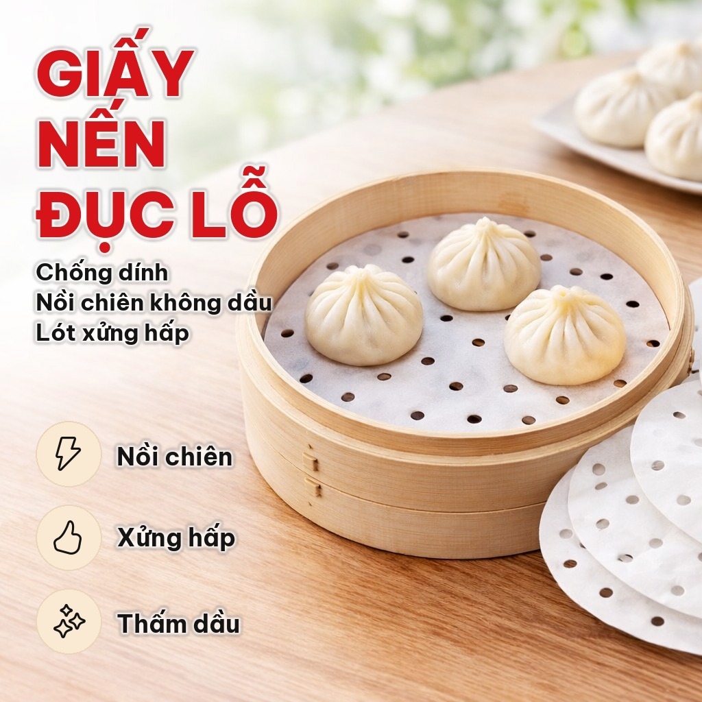 Giấy Nến Đục Lỗ, Gói 100 Tờ Giấy Nến Đục Lỗ Tròn Dùng Cho Nồi Chiên Không Dầu, Lót Xửng Hấp, Giấy Thấm Dầu Ăn Size 23cm