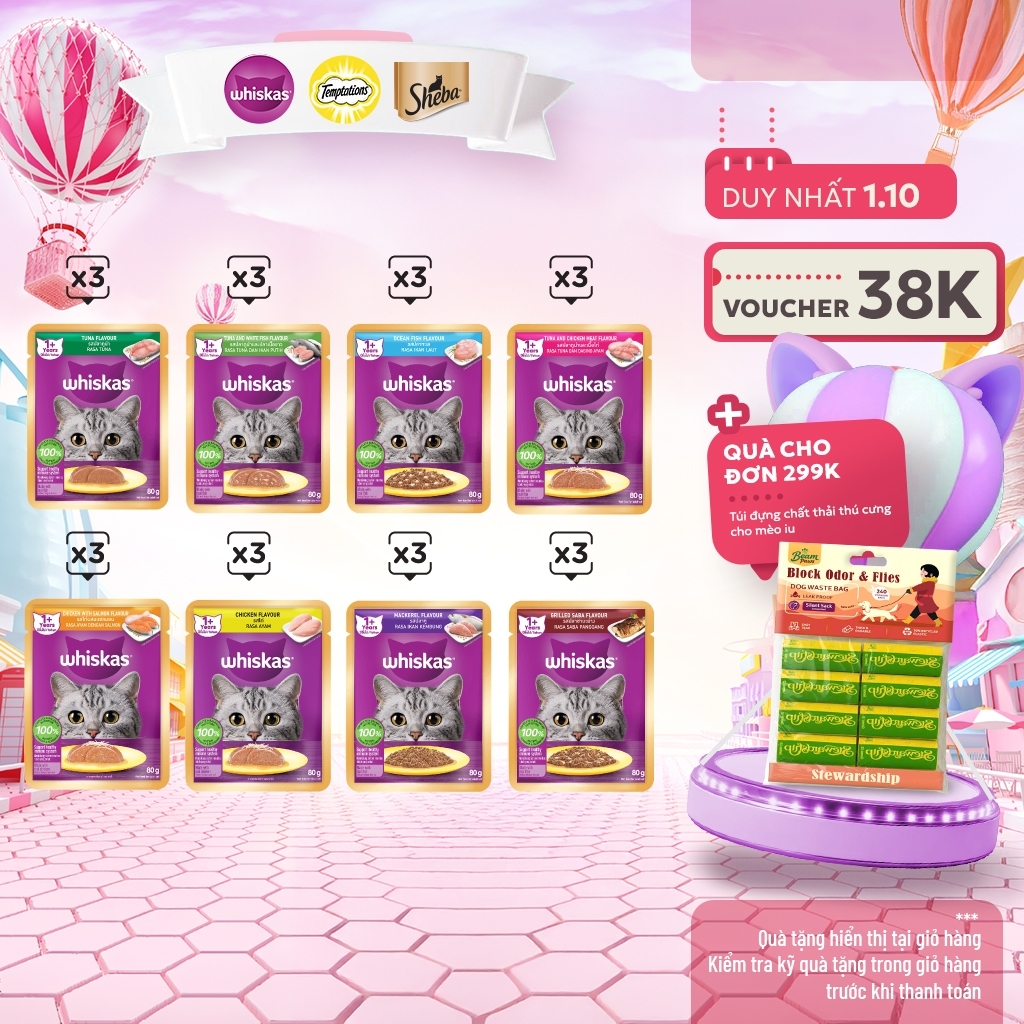 Thức Ăn Dạng Sốt Cho Mèo Trưởng Thành WHISKAS Mix 8 Vị - 80g (24 Túi)