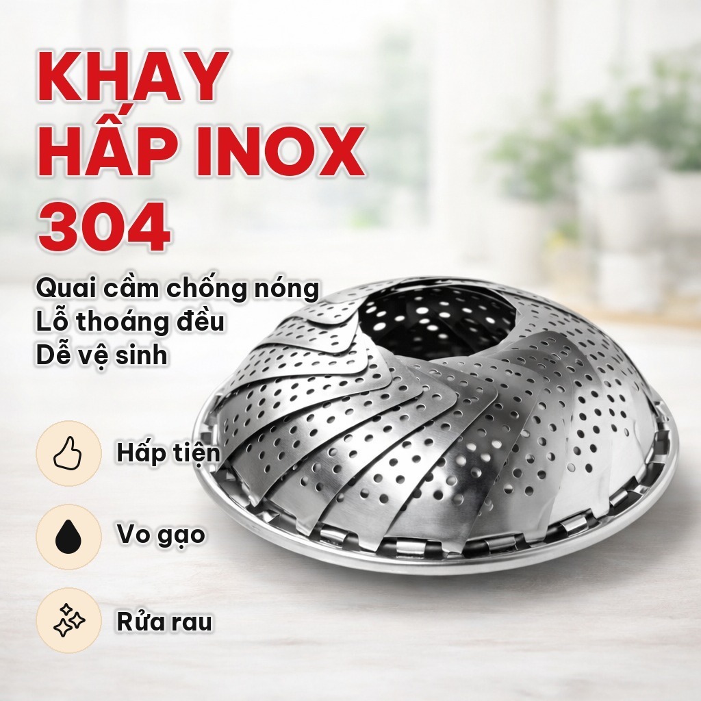 Khay Hấp Đồ Ăn Inox 304 Có Quai Cầm Chống Nóng, Rổ Hấp Inox Đa Năng Bằng Thép Không Gỉ, Dễ Vệ Sinh, Tiện Lợi