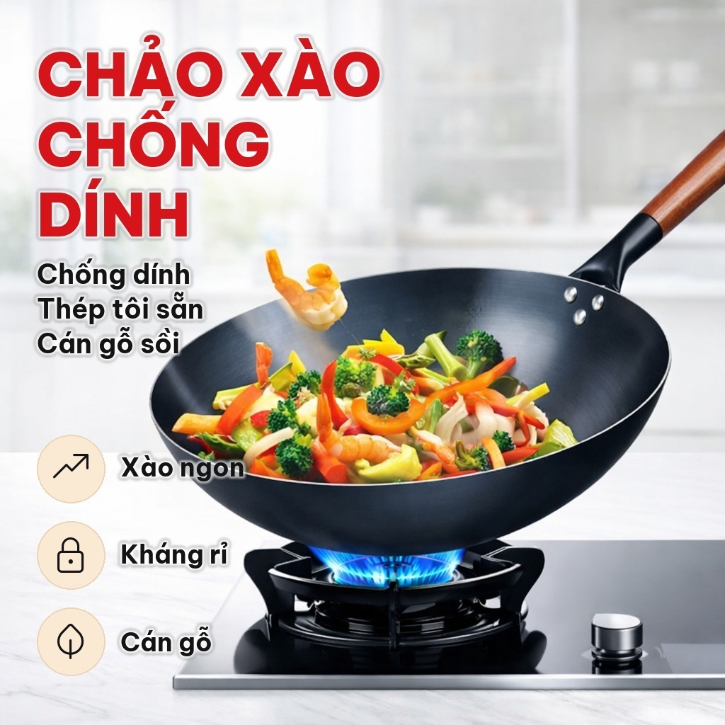 Chảo Xào Sâu Lòng Size 32, Chảo Thép Chống Dính Tôi Sẵn Kháng Rỉ, Cán Gỗ Sồi Dùng Chiên Xào Trong Nhà Bếp