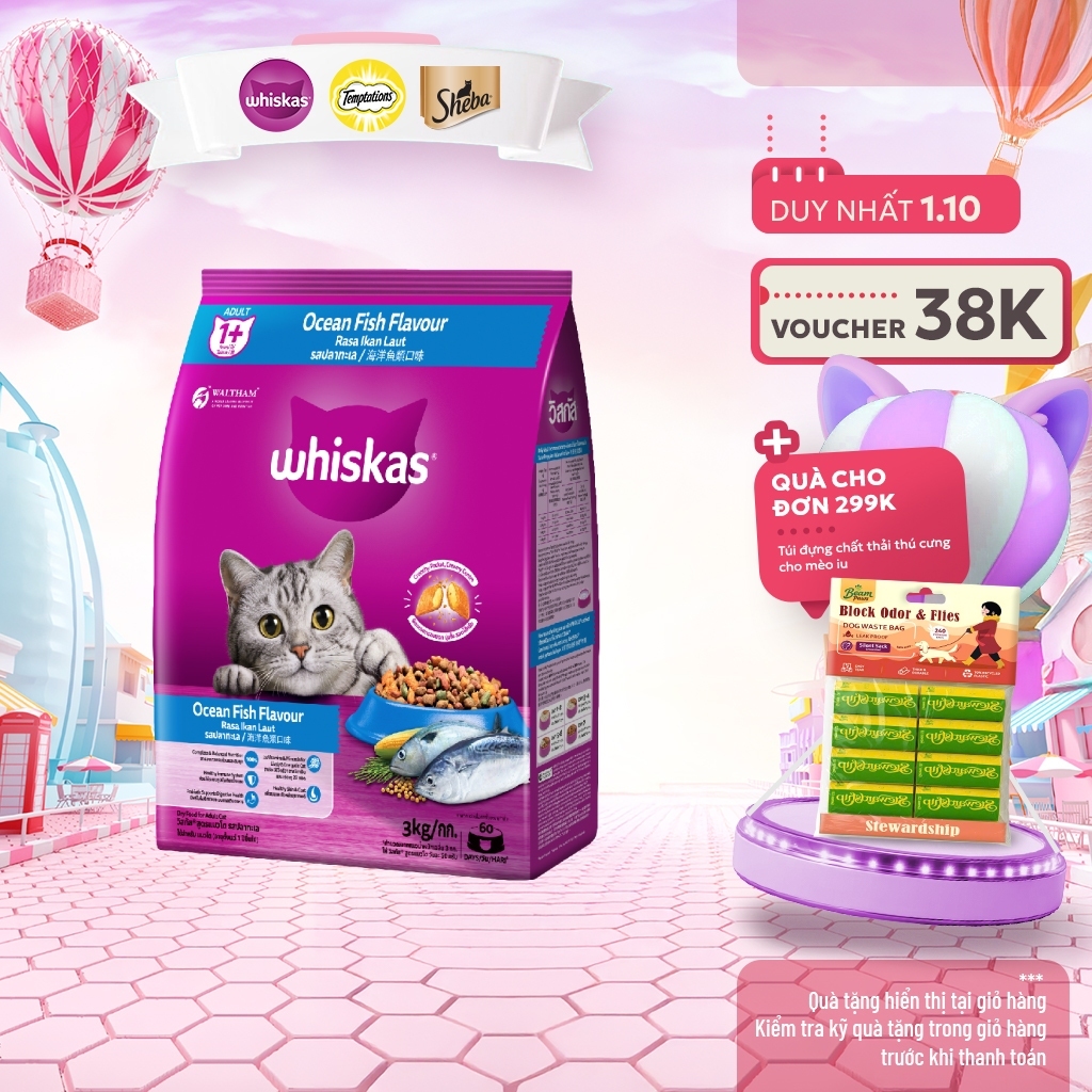 WHISKAS Thức Ăn Cho Mèo Trưởng Thành Dạng Hạt vị Cá Biển - 3kg