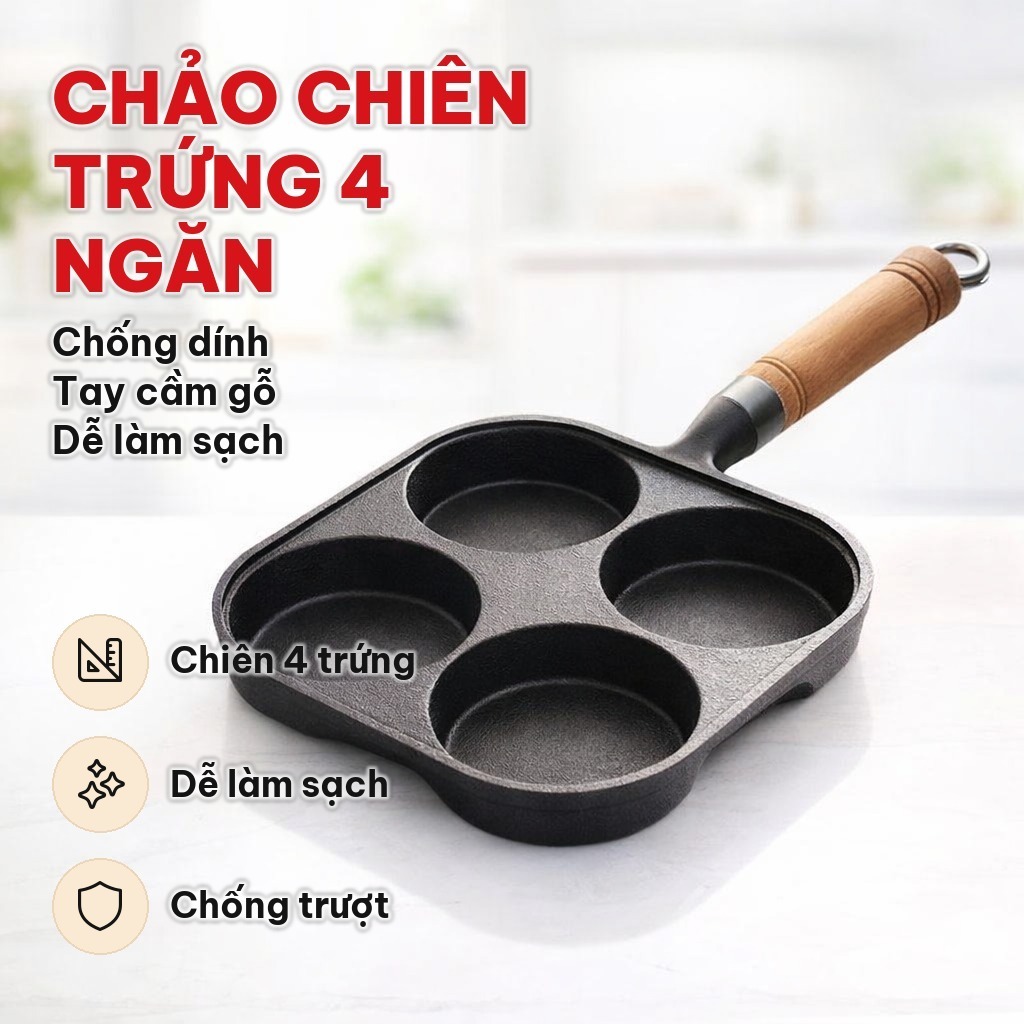 (BẾP TỪ) Chảo Chiên Rán Trứng Làm Bánh 4 Ngăn 4 Lỗ Chống Dính, CHẢO CHIÊN TRỨNG 4 NGĂN - MÃ: CHAOCHIENTRUNG4