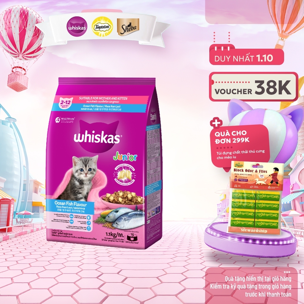 Thức ăn cho mèo con WHISKAS dạng hạt 1.1 kg.