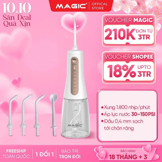 Tăm Nước Magic Eco Pro-82, Pin 1800mAh, 5 Chế Độ Làm Sạch + 5 Đầu Tăm, Chống Nước IPX7, BH 18T