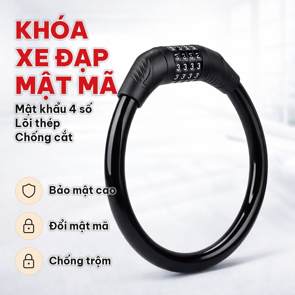 Khóa Xe Đạp Mật Khẩu 4 Số, Khóa Dây Lõi Thép Chống Cắt, Bọc PVC Chống Trầy Xước, Bảo Vệ Khung, Dùng Khi Đi Ngoài Trời