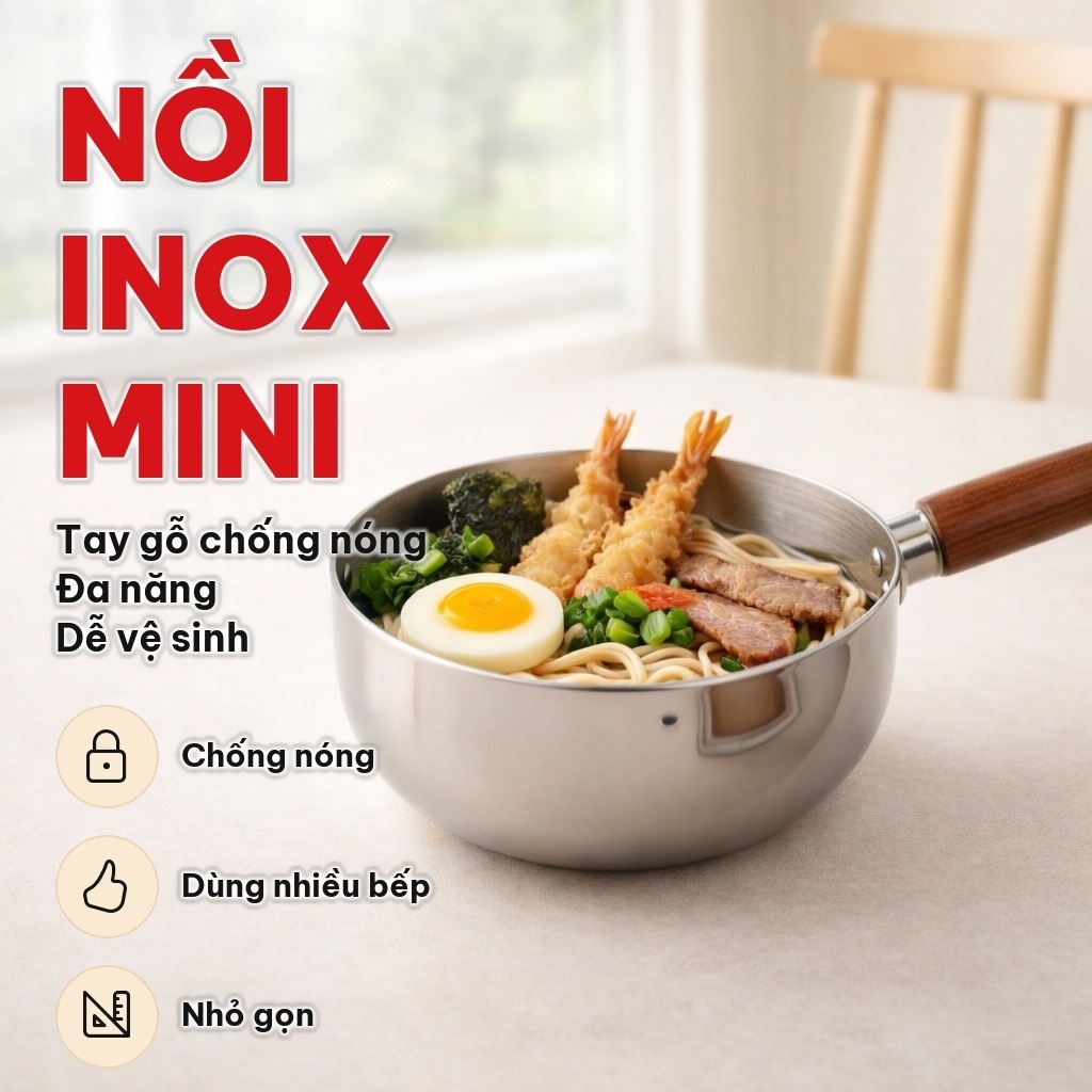 Nồi Inox Mini 17CM Tay Cầm Gỗ Chống Nóng, Nồi Tay Gỗ Đa Năng Dùng Nấu Mì, Cháo, Canh Và Đun Sữa Tiện Lợi Cho Gian Bếp