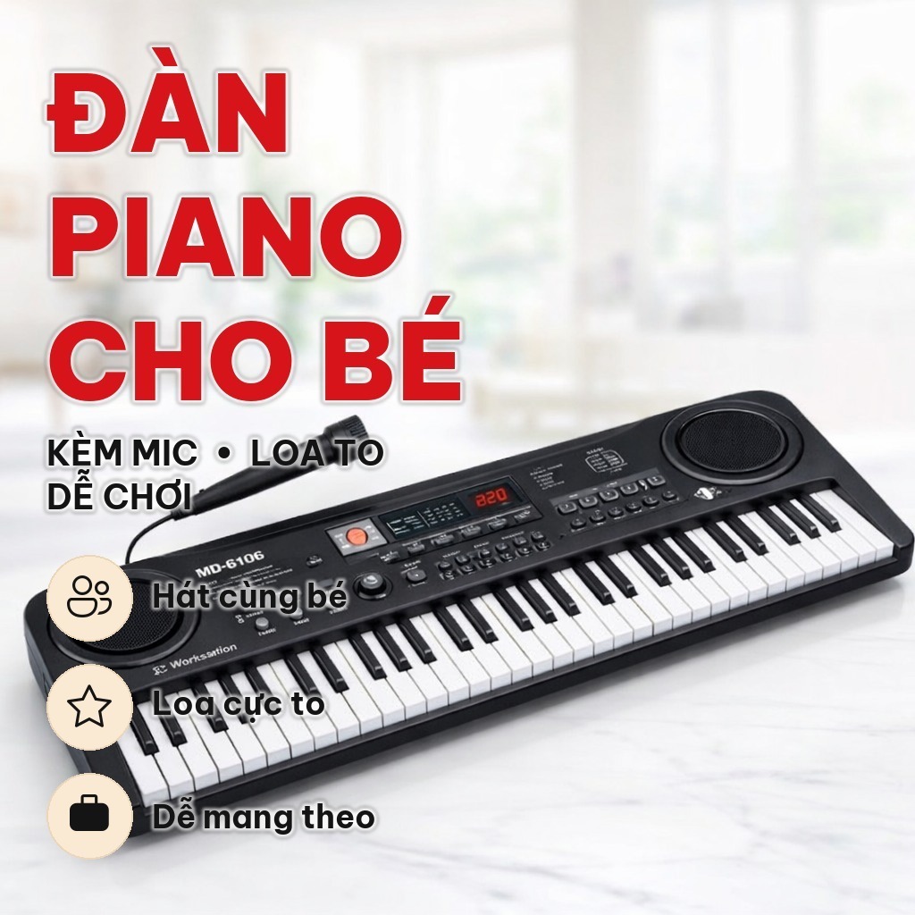 Đàn Piano Điện Tử 61 Phím Kèm Mic Và Sạc, Keyboard Organ Đồ Chơi Cho Bé, 6 Bài Hát, 16 Tone Nhạc, Nhựa ABS