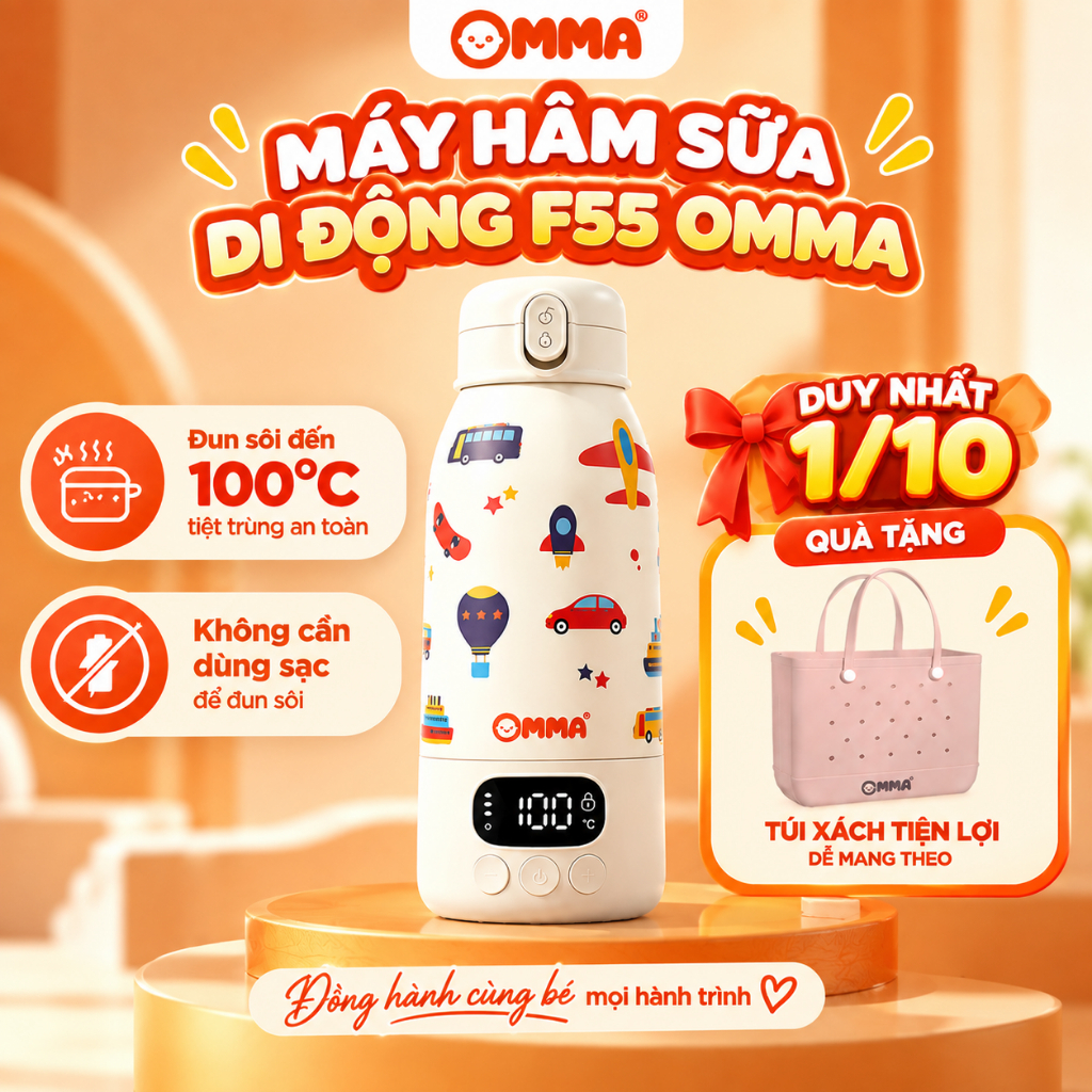 [Đun sôi 100 độ] Bình Đun Pha Sữa Di Động Omma F55– Đun Hâm Pha Sữa , Điều Chỉnh Nhiệt Độ 35-100 độ