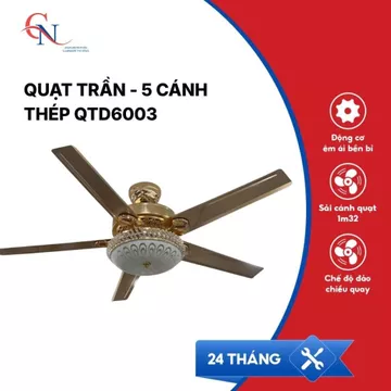 Quạt Trần Đèn Pha Lê 5 Cánh QTD6003 Sải Cánh 1m32, Quạt Trần Trang Trí Phòng Khách Phòng Ngủ