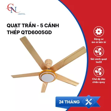 Quạt Trần Đèn 5 Cánh QTD6005GD Màu Vàng Sải Cánh 1m32, Quạt Trần Trang Trí Phòng Khách Phòng Ngủ