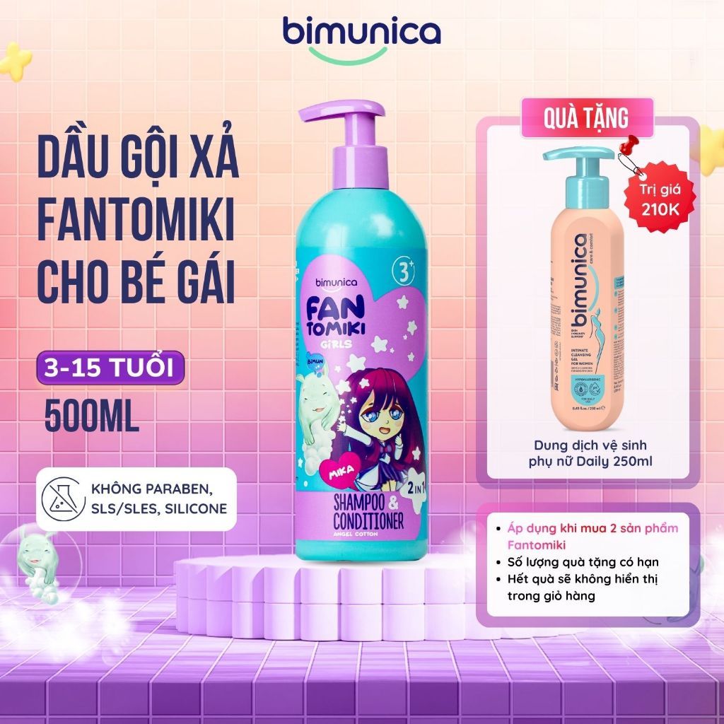 Dầu Gội Xả Hỗ Trợ Làm Sạch, Gỡ Rối Tóc Bé Gái Bimunica Fantomiki 3+ Keratin Panthenol 250ml/500ml