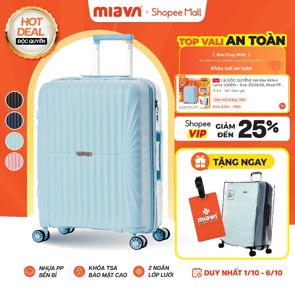 [💥ĐỘC QUYỀN] Vali Kéo MIAvn Larita JUDEN - Size 20/24/28, Nhựa PP Siêu Bền, Hạn Chế Va Đập, Khoá TSA, Bảo Hành Trọn Đời