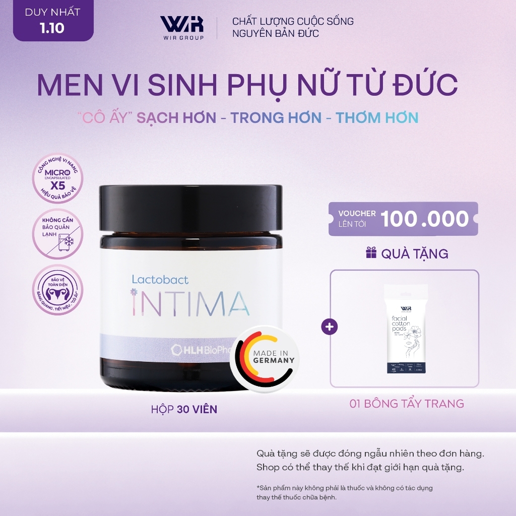 Men vi sinh phụ khoa Lactobact Intima bổ sung lợi khuẩn, Cranberry, D-Mannose từ Đức hộp 30 viên | Wir Group