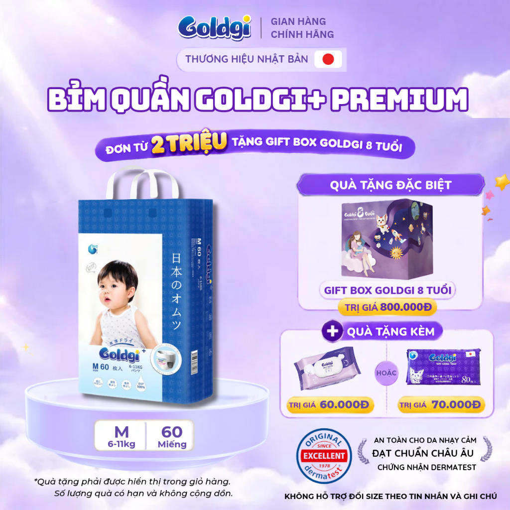Bỉm quần Goldgi+ Premium cao cấp mềm mại, siêu khô thoáng với lõi treo chống tràn cho bé từ 6KG