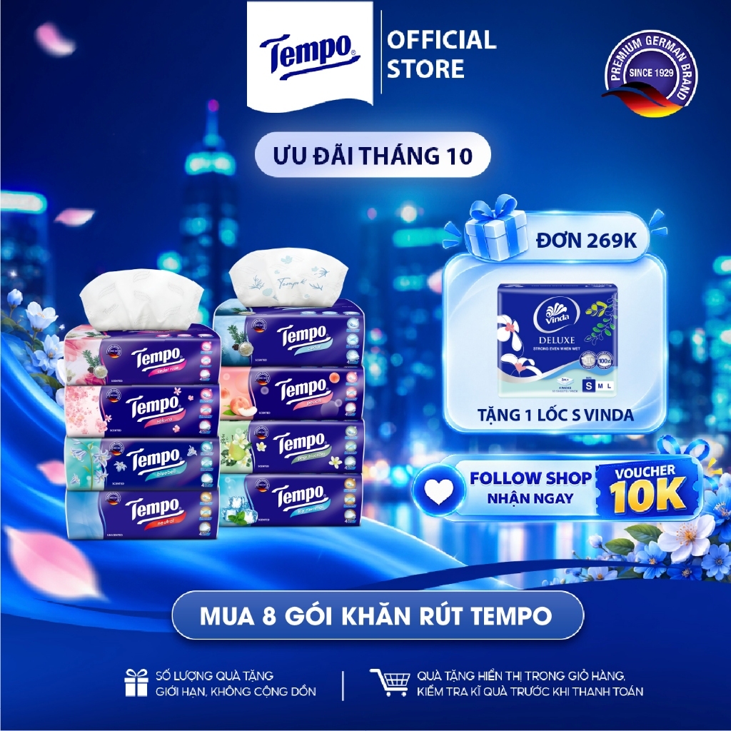 [COMBO 8 GÓI] Khăn Giấy Rút Cao Cấp Tempo - 4 Lớp Bền Dai, An Toàn Cho Da - Thương hiệu