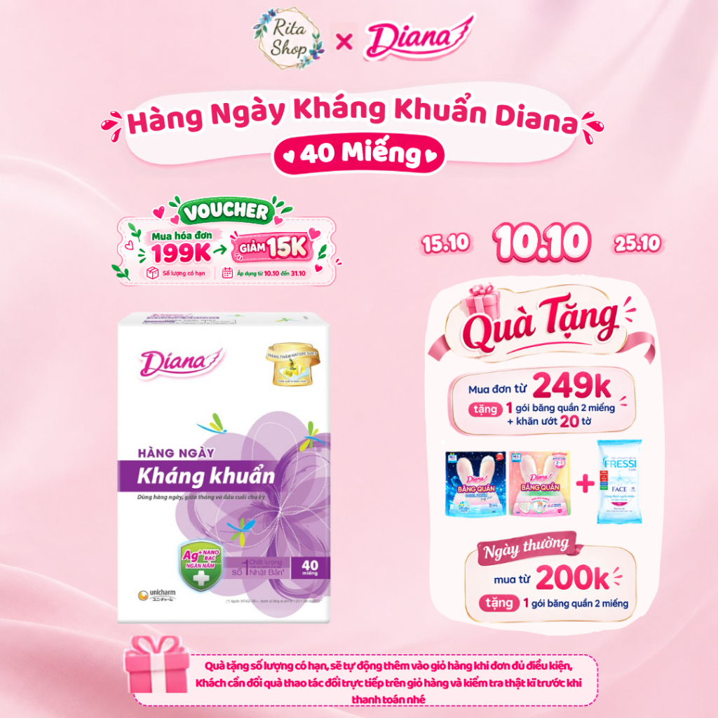 Băng Vệ Sinh Hàng Ngày Diana Sensi Siêu Thấm Kháng Khuẩn 15.5cm Gói 40 Miếng