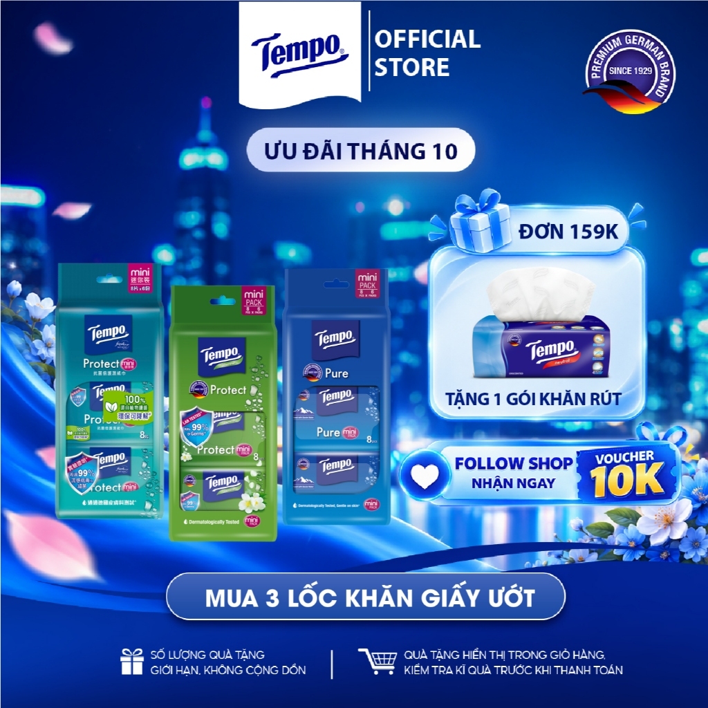 [COMBO 3 LỐC] Khăn Uớt Mini Tempo Protect Ngăn Ngừa Vi Khuẩn Cao Cấp An Toàn