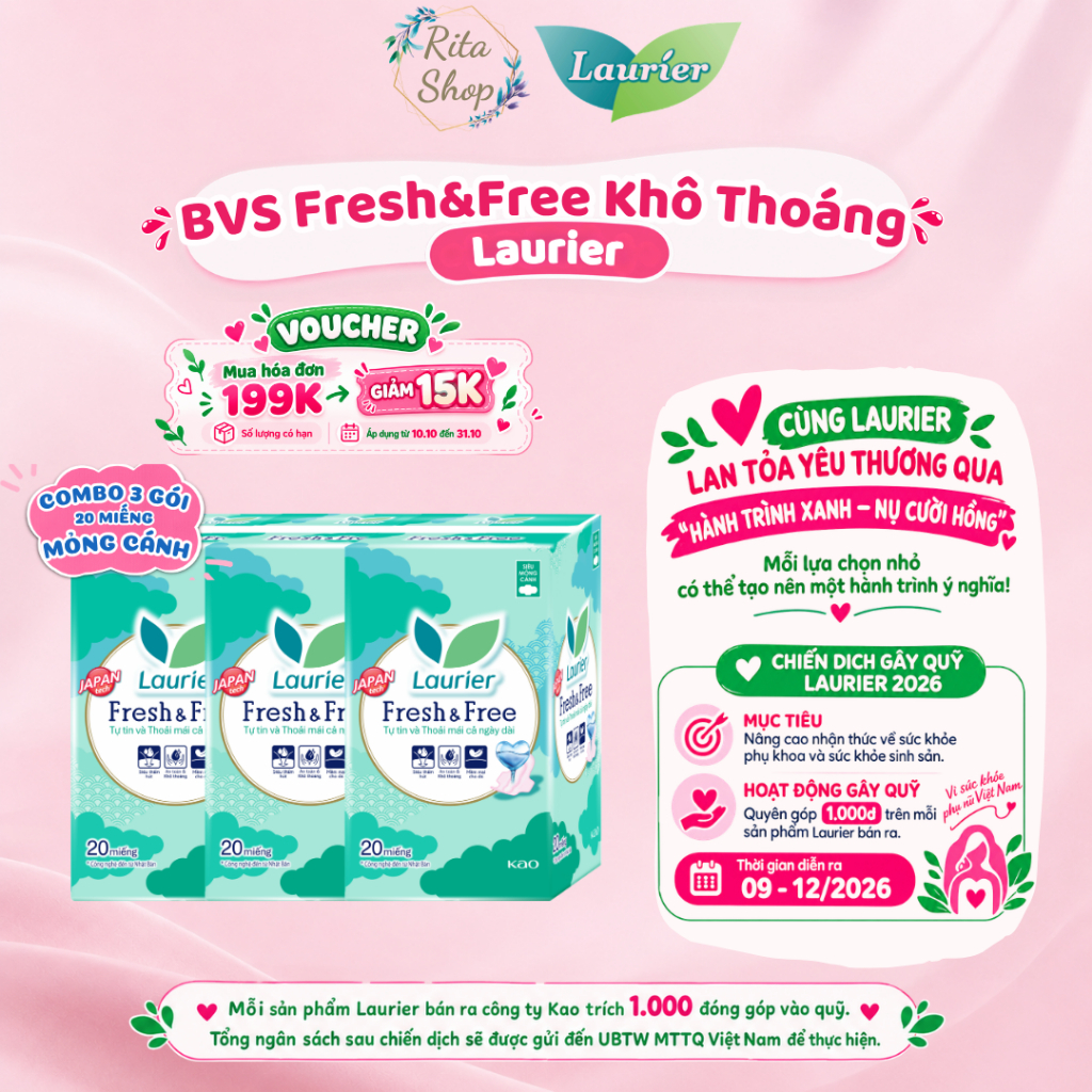 [COMBO 3 GÓI BVS] Băng Vệ Sinh Laurier Fresh & Free Ban Ngày Siêu Mỏng Cánh 22cm 20 Miếng