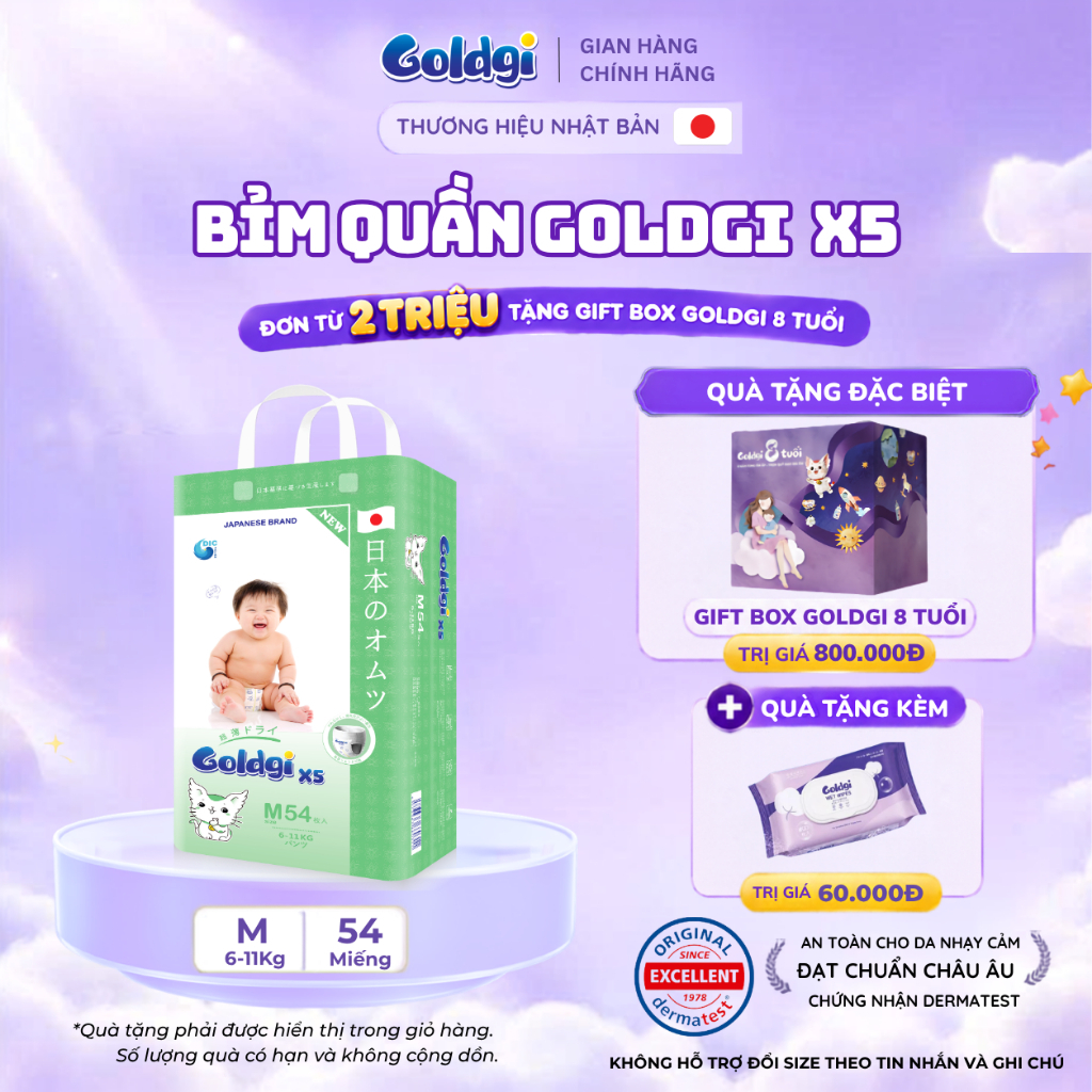 Bỉm quần Goldgi X5 siêu thấm hút với lõi SAP, bề mặt mềm mại, giúp bé khô thoáng cả ngày