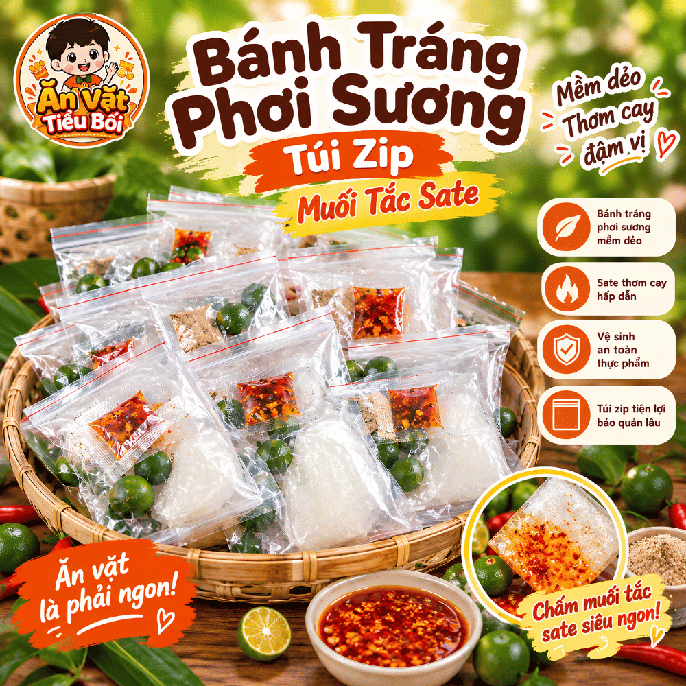 Combo 10 Gói Bánh Tráng Phơi Sương Túi Zip Muối Tắc Sate  Bánh Tráng Mềm Dẻo Sate Thơm Cay