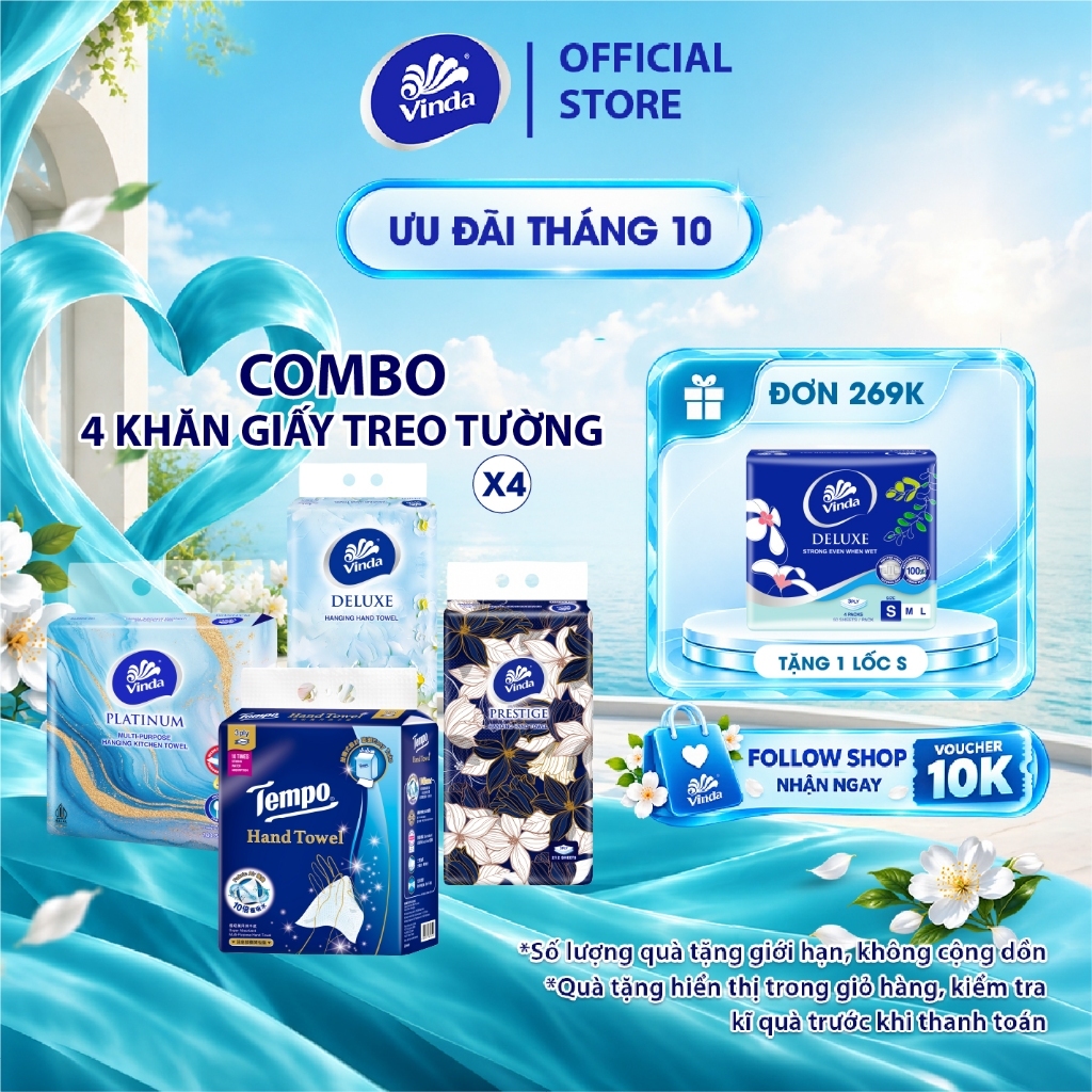 [COMBO 4 GÓI KHĂN TREO TƯỜNG] Khăn giấy treo tường cao cấp Vinda Prestige 4D 3 lớp 212 tờ