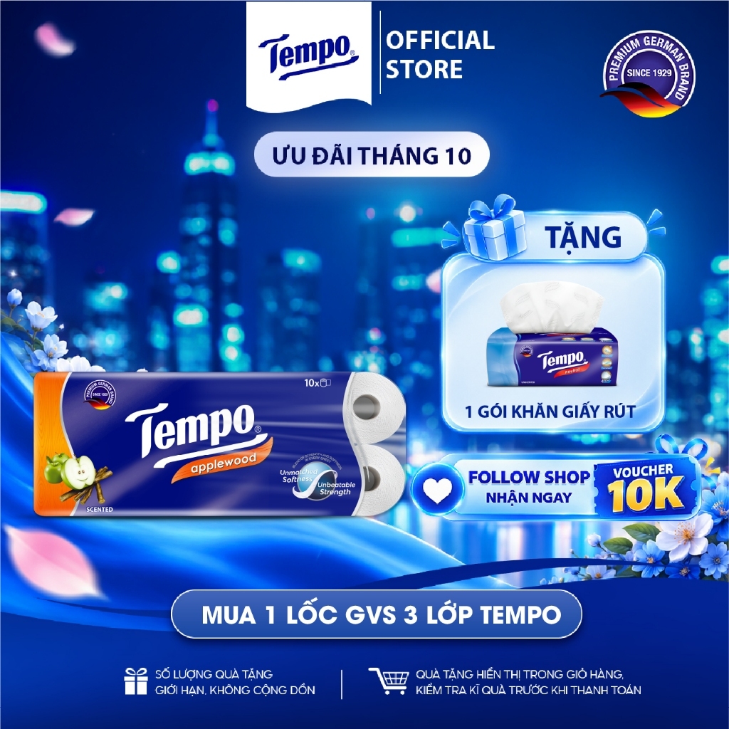 [1 LỐC] Giấy Vệ Sinh 3 Lớp Toipa Tempo Cao Cấp Bền Dai (Lốc 10 cuộn)
