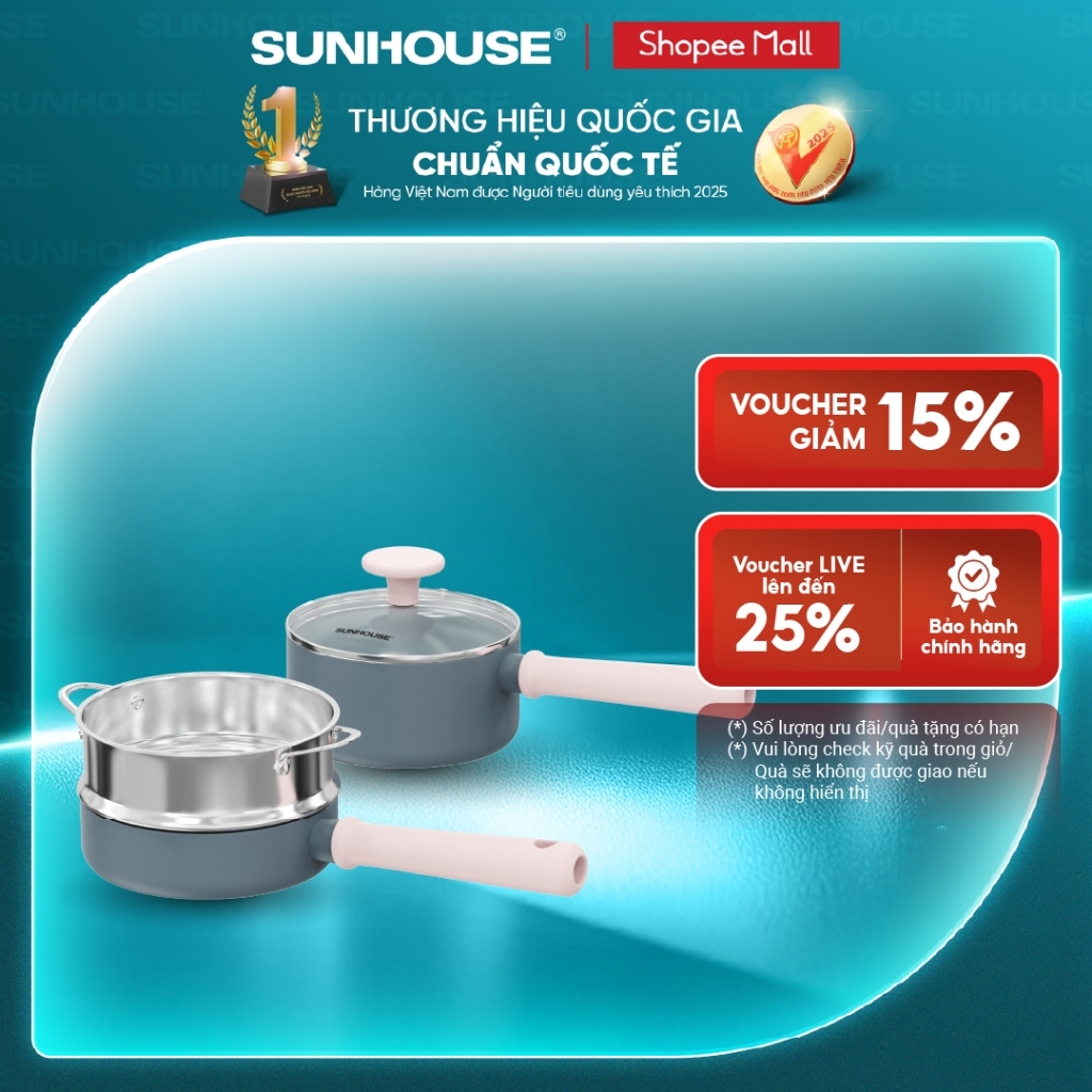 [Kèm xửng] Bộ chảo quánh Ceramic đáy từ Sunhouse Healthy SHG1616 - Truyền nhiệt nhạy - Linh hoạt trên mọi loại bếp