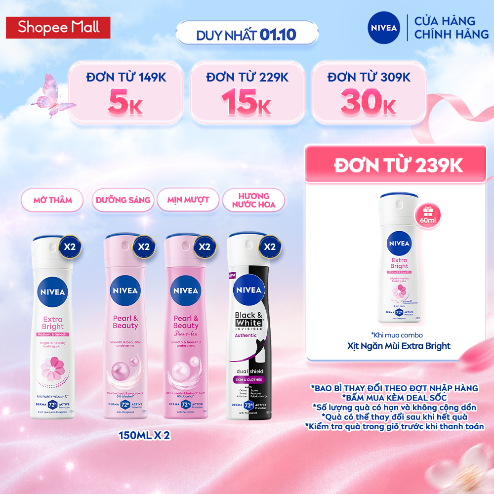 Combo 2 Xịt Khử Mùi NIVEA Dành Cho Nữ 150ml - Dưỡng Sáng/ Mờ Thâm/ Chống Ố Vàng Áo - Ngăn Mùi Đến 72H 82967/83731/91809