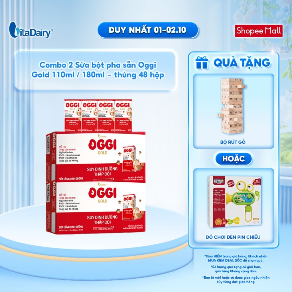 [COMBO 2 THÙNG 48 HỘP] Sữa uống dinh dưỡng Oggi Gold giúp bé suy dinh dưỡng, thấp còi - Hộp 110ml/180ml