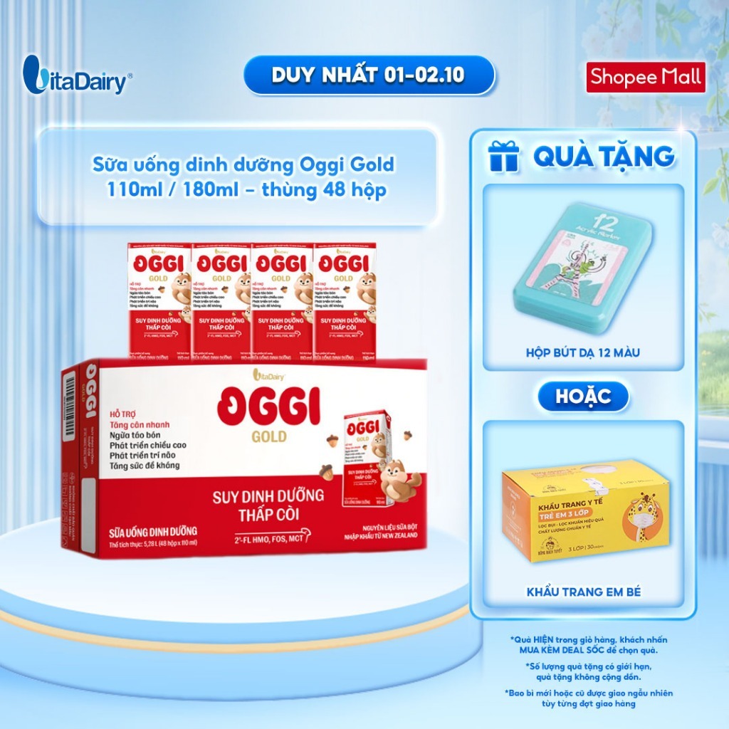 [THÙNG 48 HỘP] Sữa uống dinh dưỡng Oggi Gold giúp bé suy dinh dưỡng, thấp còi - Hộp 110ml/180ml
