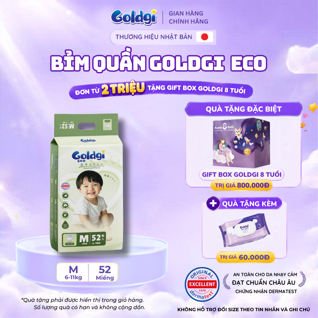 Bỉm quần Goldgi Eco New mỏng nhẹ, siêu khô thoáng êm dịu da bé tiết kiệm cho mẹ mỗi ngày