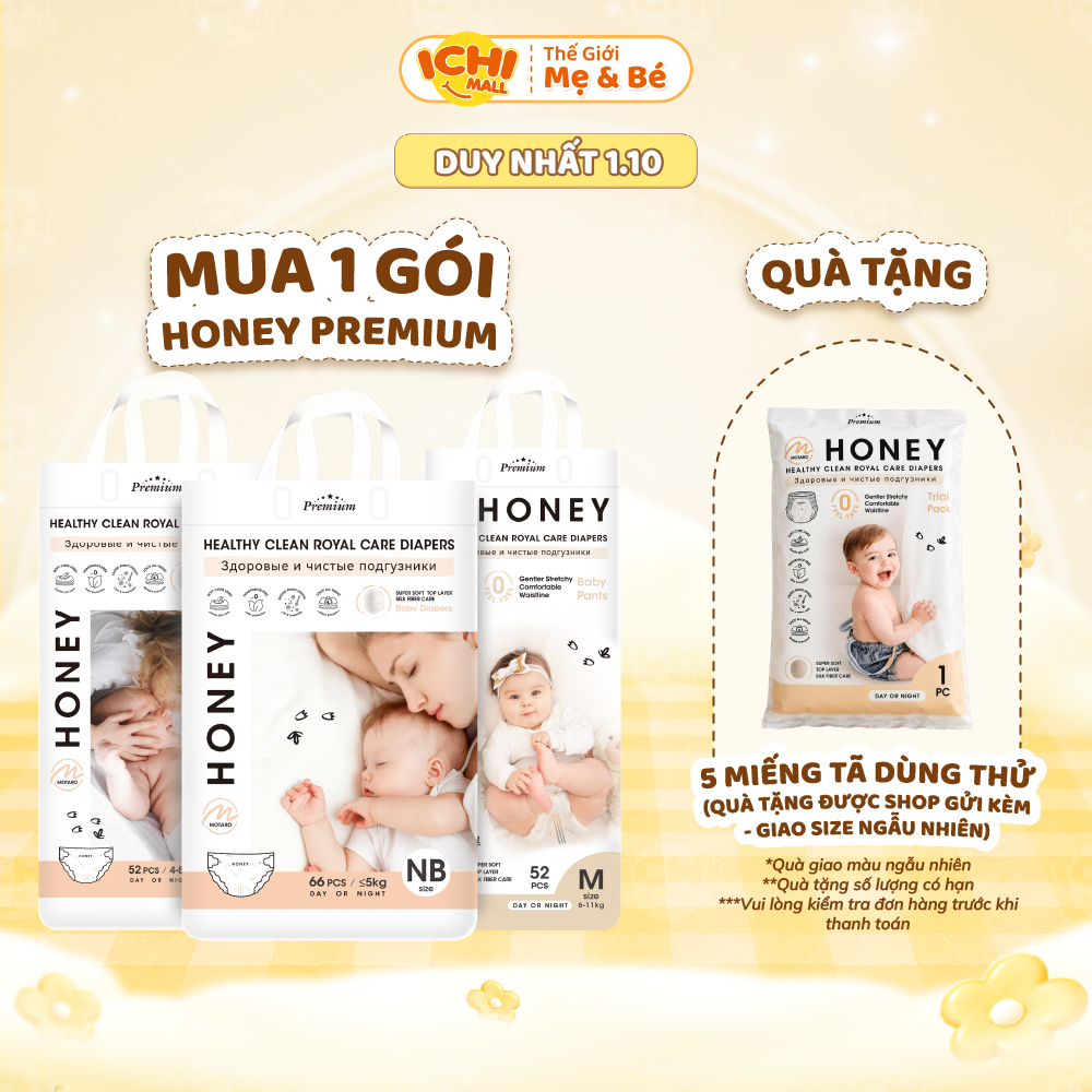 Tã/bỉm Honey Premium dán/quần tơ tằm siêu mỏng nhẹ, thấm hút tốt đủ size cho bé_Ichimall
