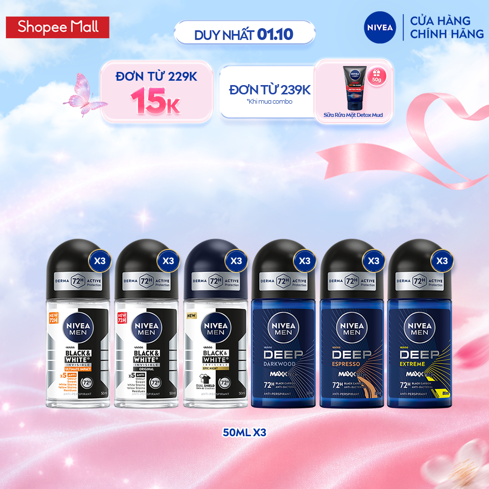 Combo 3 Lăn Khử Mùi Nam NIVEA MEN 50ml Ngăn Mồ Hôi & Mùi Cơ Thể 48H-73H - Deep Darkwood/Extreme/Espresso/Black&White