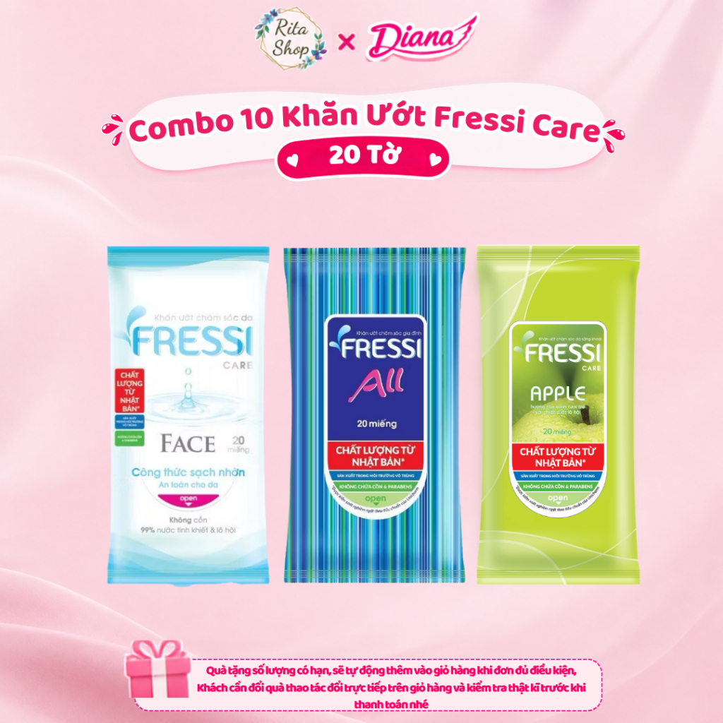 [FBS] Khăn Ướt Chăm Sóc Da Fressi Care Face / All / Apple 20 Miếng - 99% Nước Tinh Khiết, Không Cồn