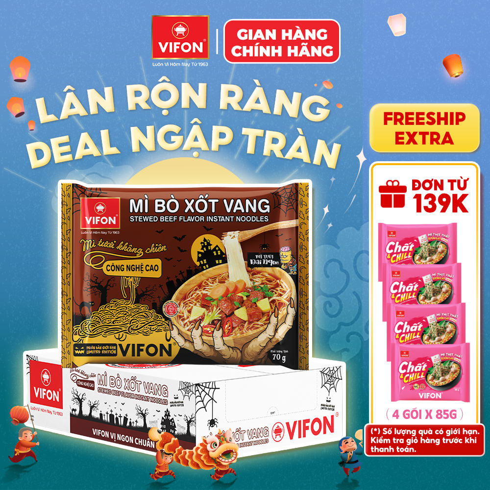[Combo Halloween] Thùng 30 gói Mì Tươi Bò Xốt Vang/ Thịt Bằm / Tôm Chua Cay VIFON 70gr/Gói