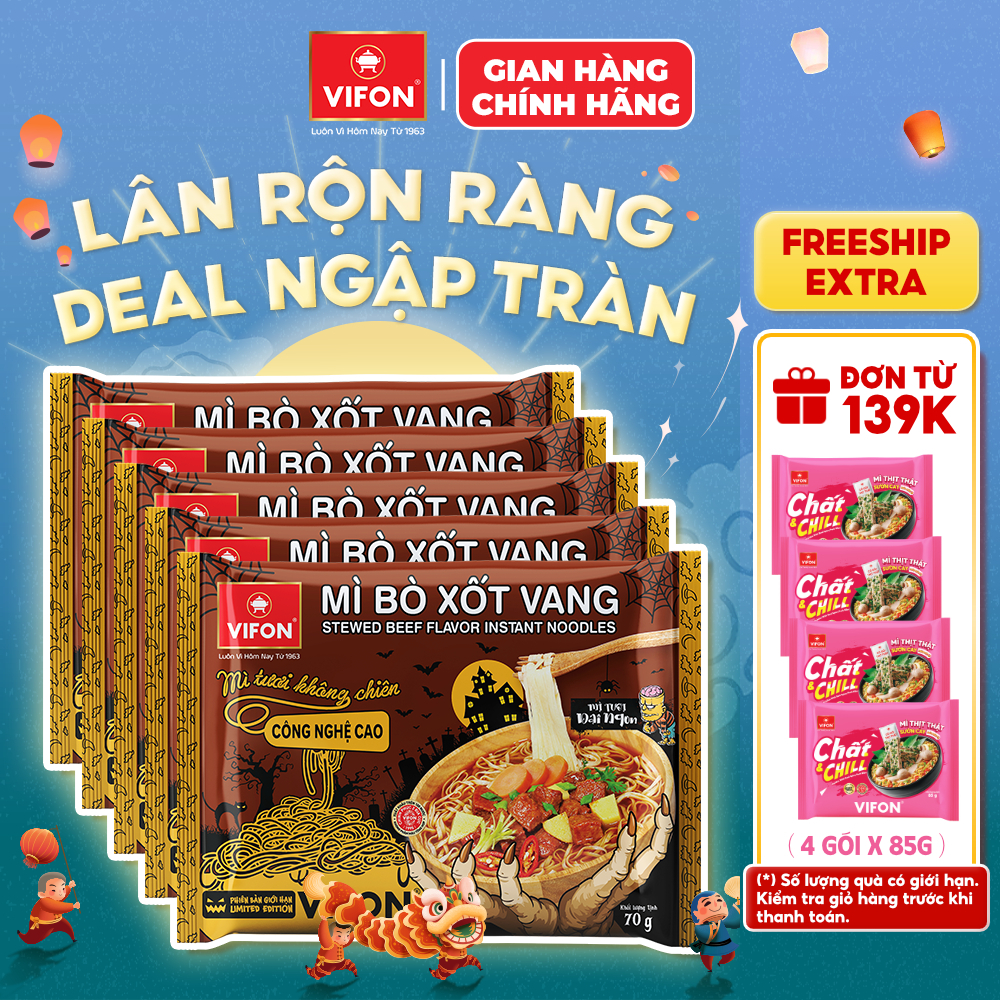[Combo Halloween] Set 5 Gói Mì Tươi Bò Xốt Vang/Thịt Bằm/Tôm Chua Cay VIFON - Sợi Dai Ngon, 70g/Gói