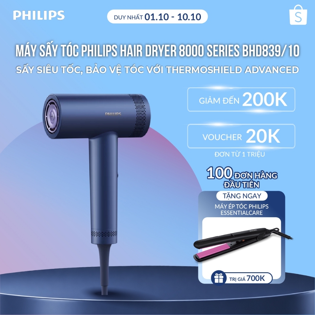 Máy sấy tóc Philips Hair Dryer 8000 Series BHD839/10 – Sấy siêu tốc, bảo vệ tóc với ThermoShield Advanced