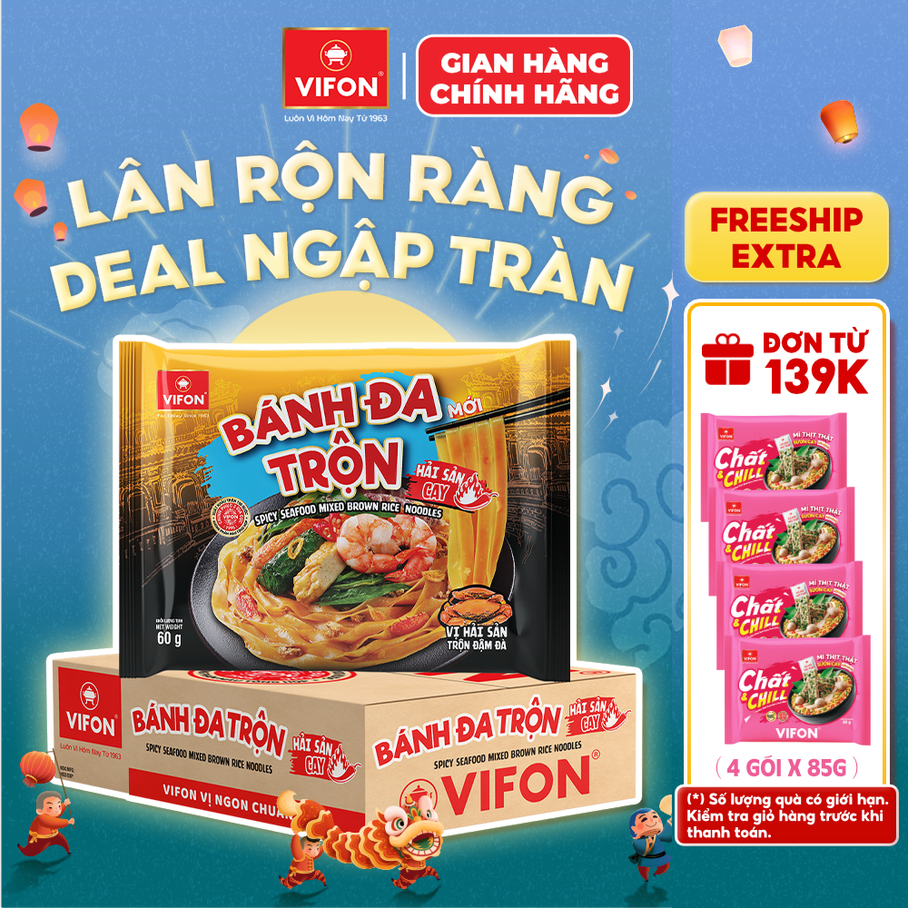 [VOUCHER HOT 10%] Thùng 30 Gói Bánh Đa Trộn Hải Sản Cay VIFON 60Gr, Thơm Ngon, Đậm Vị Đặc Sản Hải Phòng