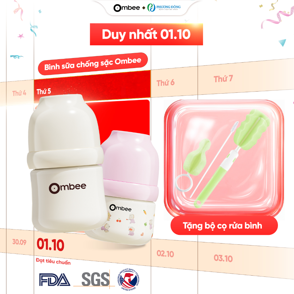 Bình Sữa Ombee Chất Liệu PPSU Cổ Rộng Chống Sặc Chống Đầy Hơi Núm Ti Mềm Mại Mô Phỏng Tự Nhiên