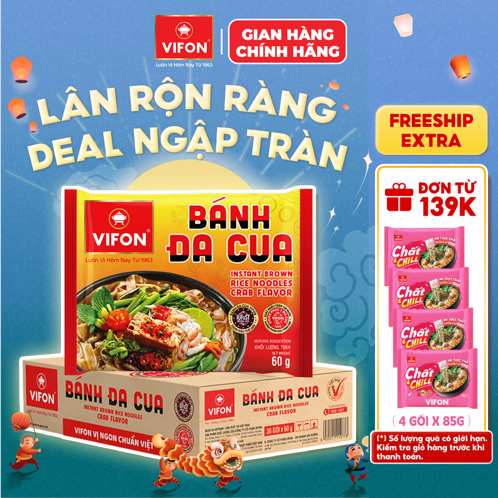 [VOUCHER HOT 10%]Thùng 30 Gói Bánh Đa Cua VIFON 60g Vị Cua Đồng Sợi Dai Đạt Giải Quốc Tế