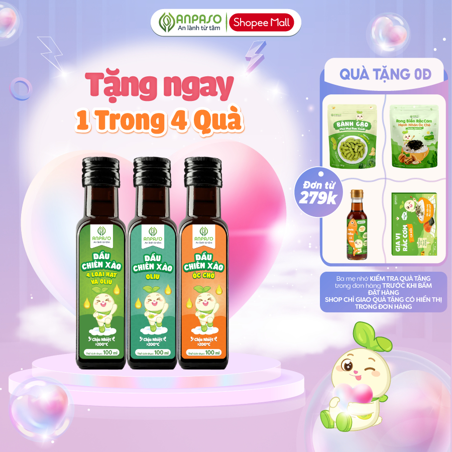 Dầu Chiên Xào Cho Bé Ăn Dặm Anpaso 100ml chịu nhiệt trên 200 độ C - Dầu oliu, óc chó, mix hạt