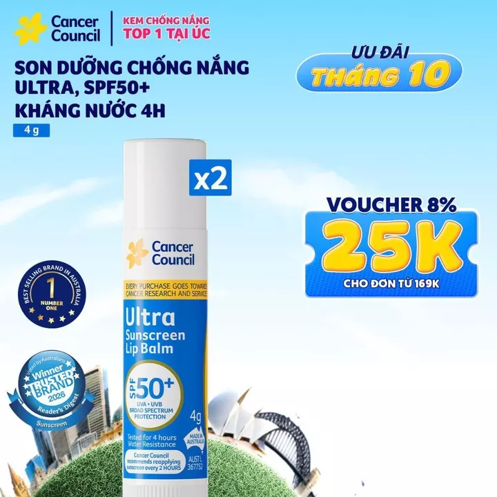 Combo 2 Son dưỡng môi chống nắng Cancer Council SPF50+ 4g dưỡng mềm môi, chống nắng hiệu quả CA0021