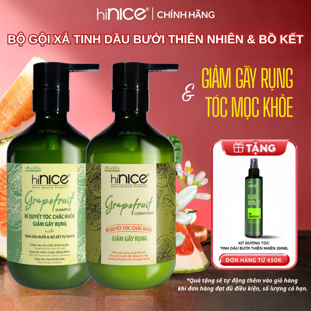 Bộ Dầu Gội Kem Xả Tinh Dầu Bưởi Thiên Nhiên hiNICE Grapefruit Dành Cho Tóc Gãy Rụng