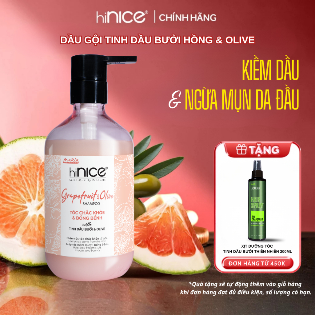 Dầu Gội Tinh Dầu Bưởi Hồng Và Olive hiNICE Grapefruit & Olive Shampoo Hỗ Trợ Giảm Mụn Da Đầu