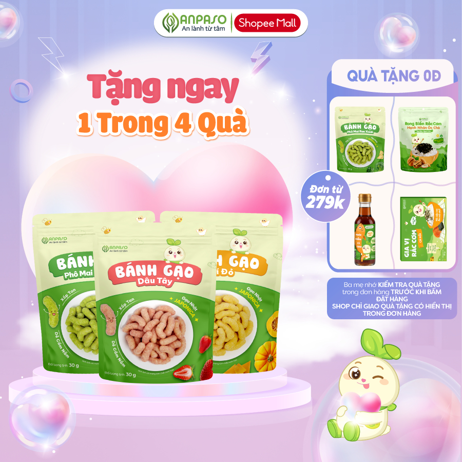 Bánh gạo ăn dặm cho bé Anpaso - Bánh gạo dạng que vị phô mai rau xanh, bí đỏ và dâu tây