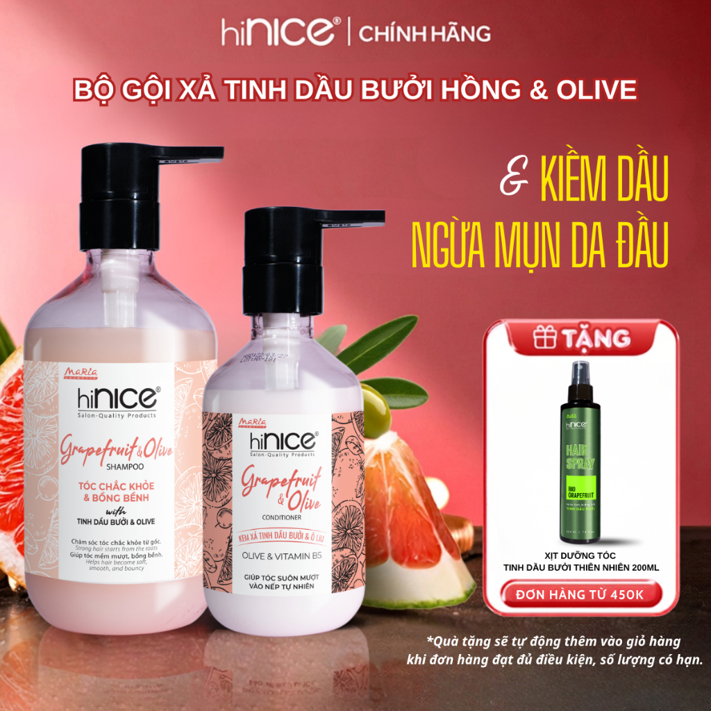 Bộ Gội Xả Tinh Dầu Bưởi Hồng Olive hiNICE Grapefruit & Olive Shampoo Hỗ Trợ Giảm Mụn Da Đầu